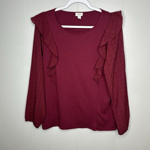 J Crew Ruffle Shoulder Top Womens Large L Burgundy Jacquard Sleeves Peasant - Picture 1 of 12